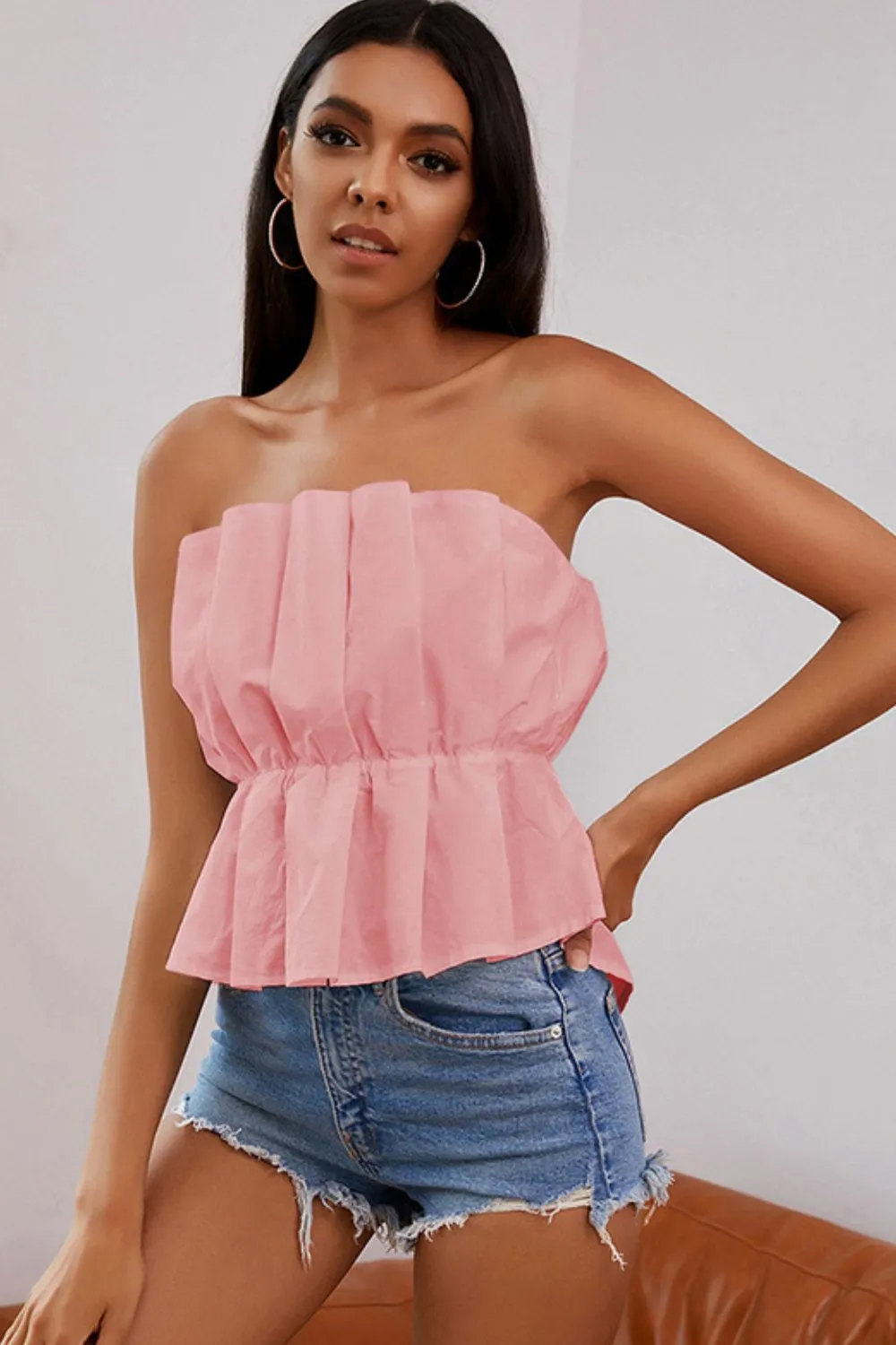 Pleated High-Low Strapless Top