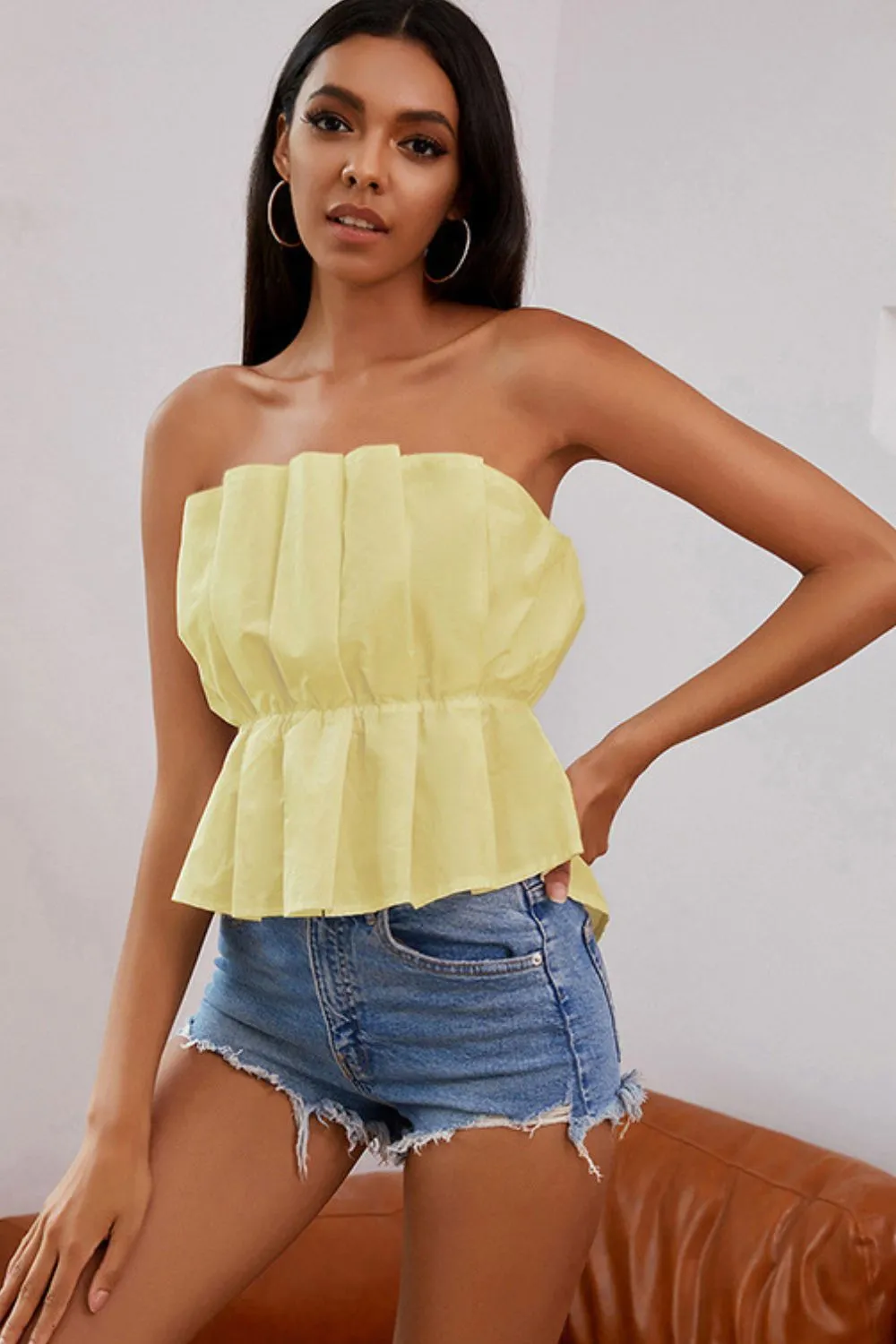 Pleated High-Low Strapless Top