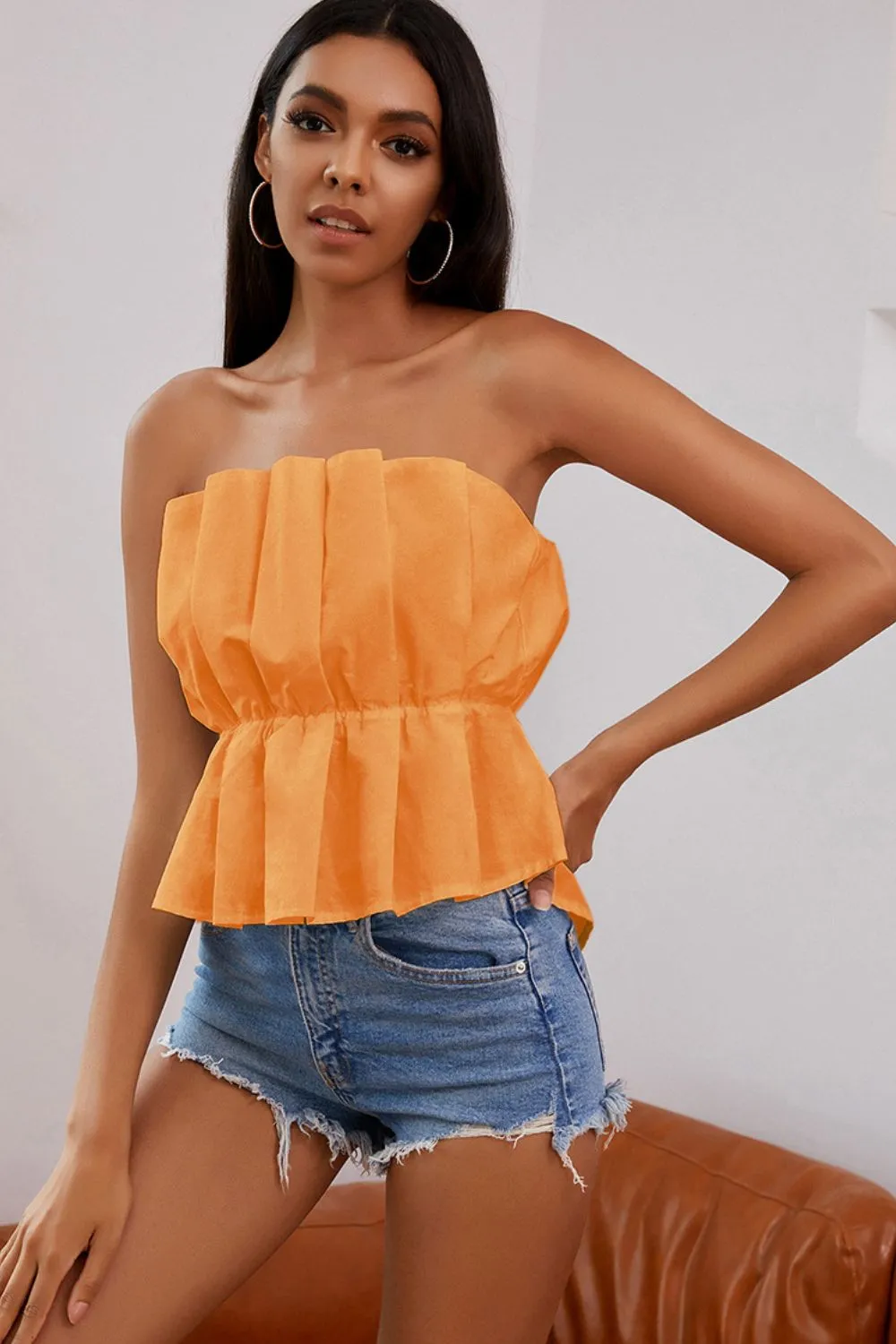 Pleated High-Low Strapless Top