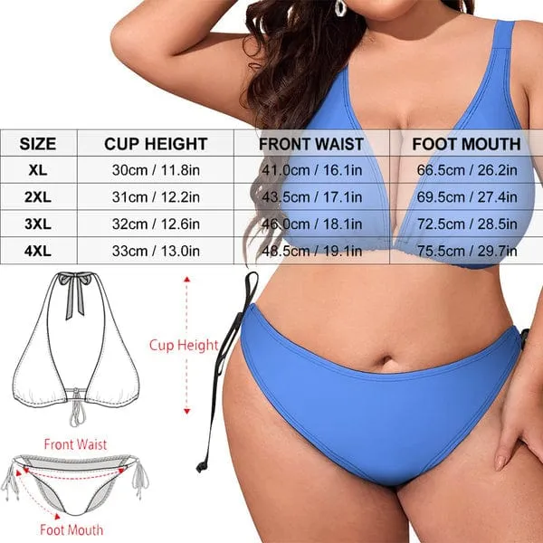 #Plus Size Halter Trikini-Custom Face Leopard Plus Size Swimsuit Deep V Neck Halter Tie Side Low Waisted Triangle Bikini Personalized Bathing Suit Beach Outfits
