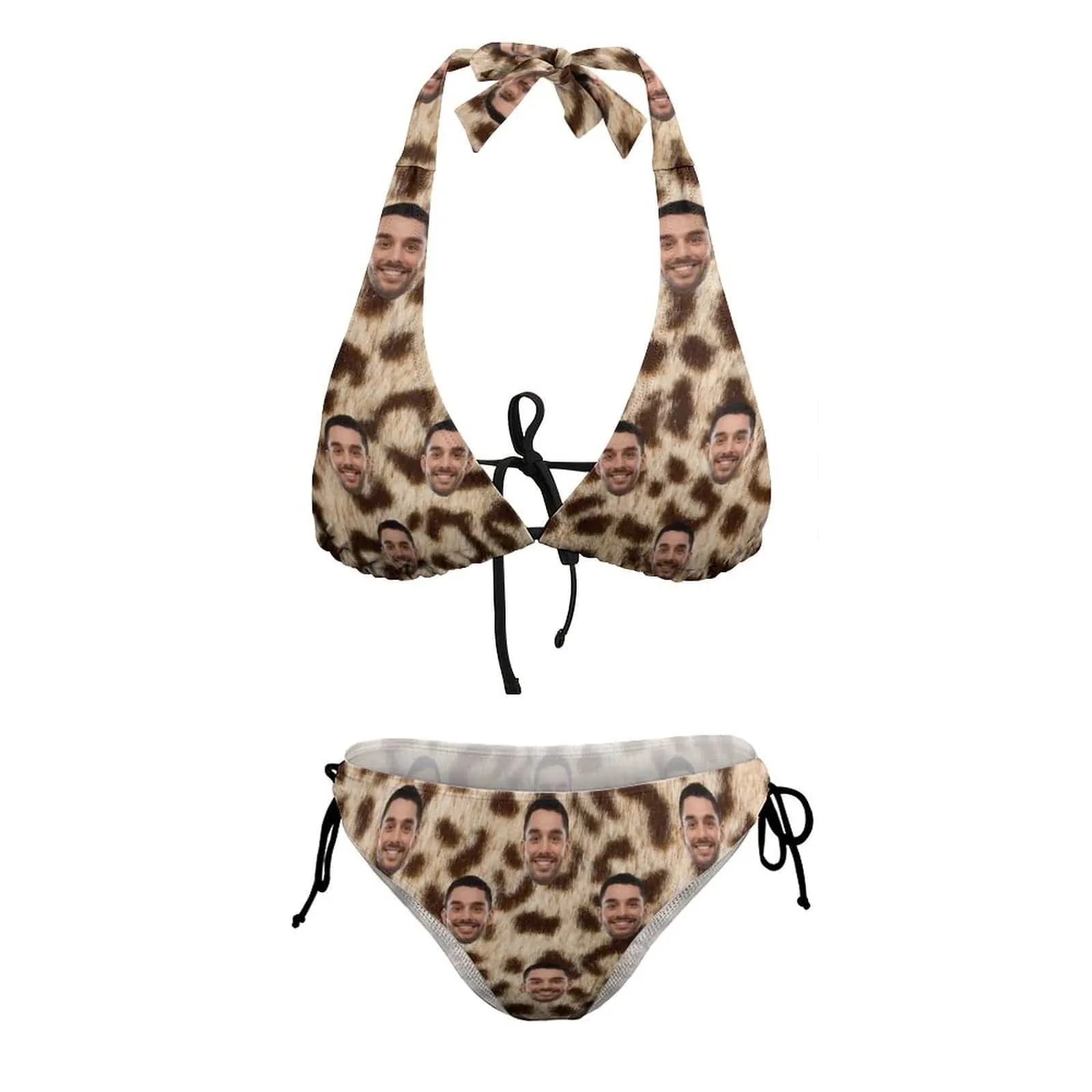 #Plus Size Halter Trikini-Custom Face Leopard Plus Size Swimsuit Deep V Neck Halter Tie Side Low Waisted Triangle Bikini Personalized Bathing Suit Beach Outfits