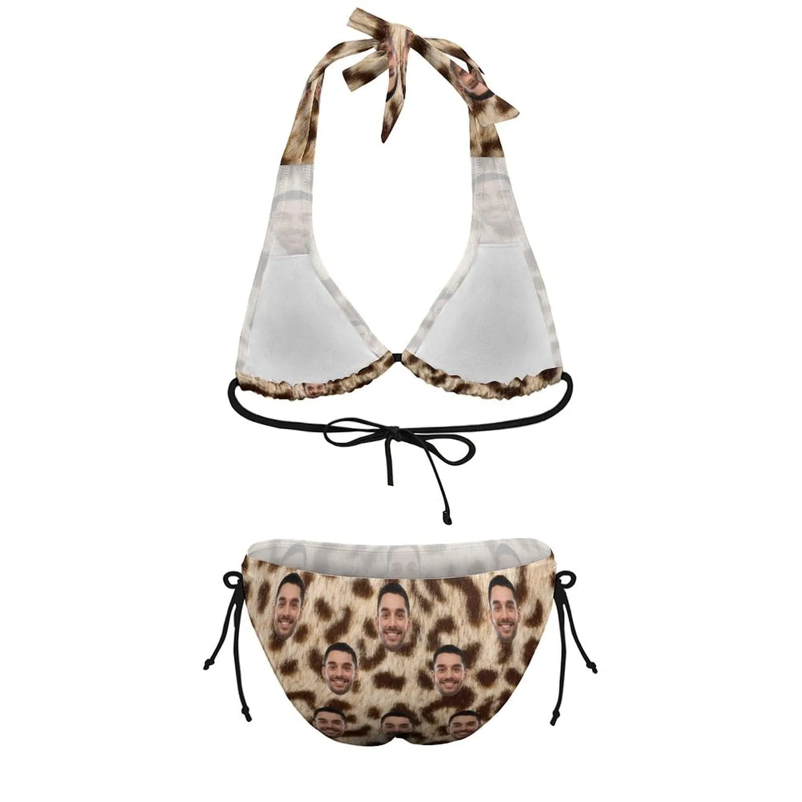 #Plus Size Halter Trikini-Custom Face Leopard Plus Size Swimsuit Deep V Neck Halter Tie Side Low Waisted Triangle Bikini Personalized Bathing Suit Beach Outfits