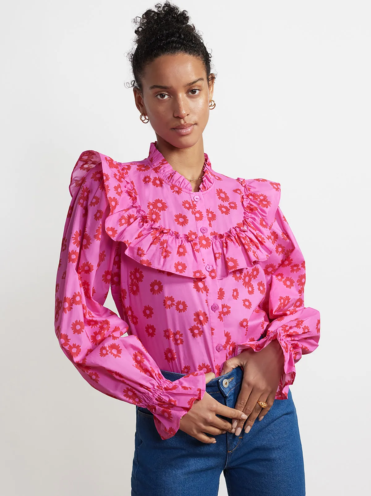 Raya Pink Daisy Print Cotton Voile Top
