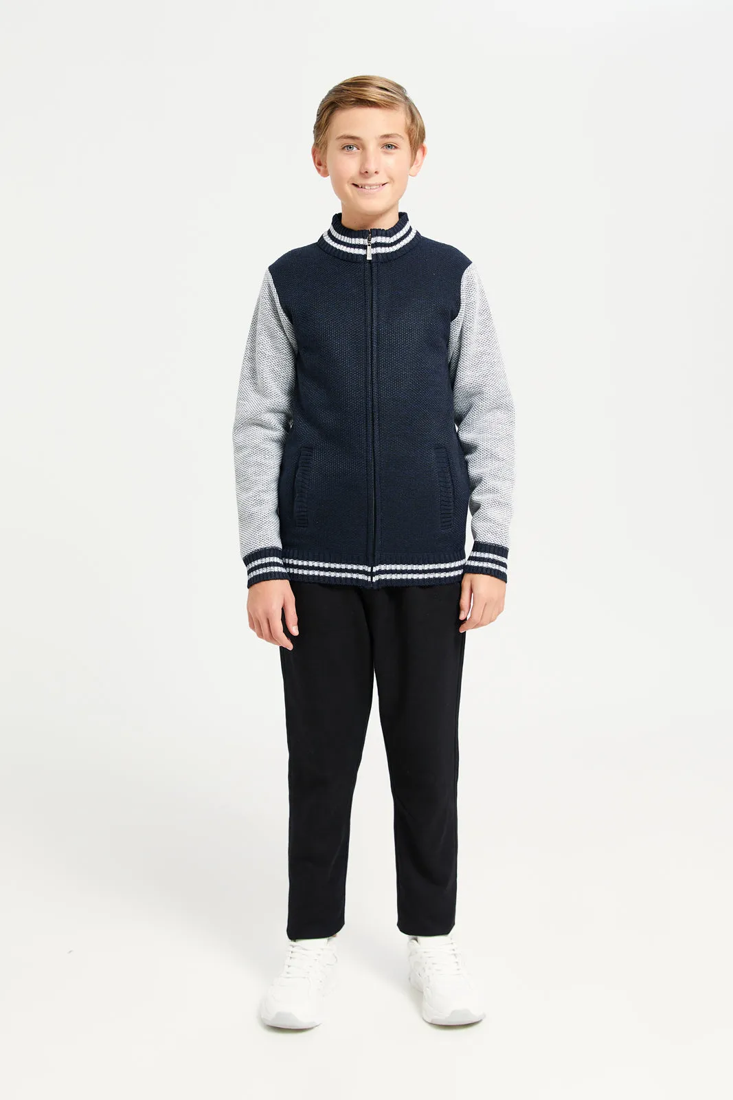 Senior Boys Navy Cut And Sew Zip-Thru Pullover