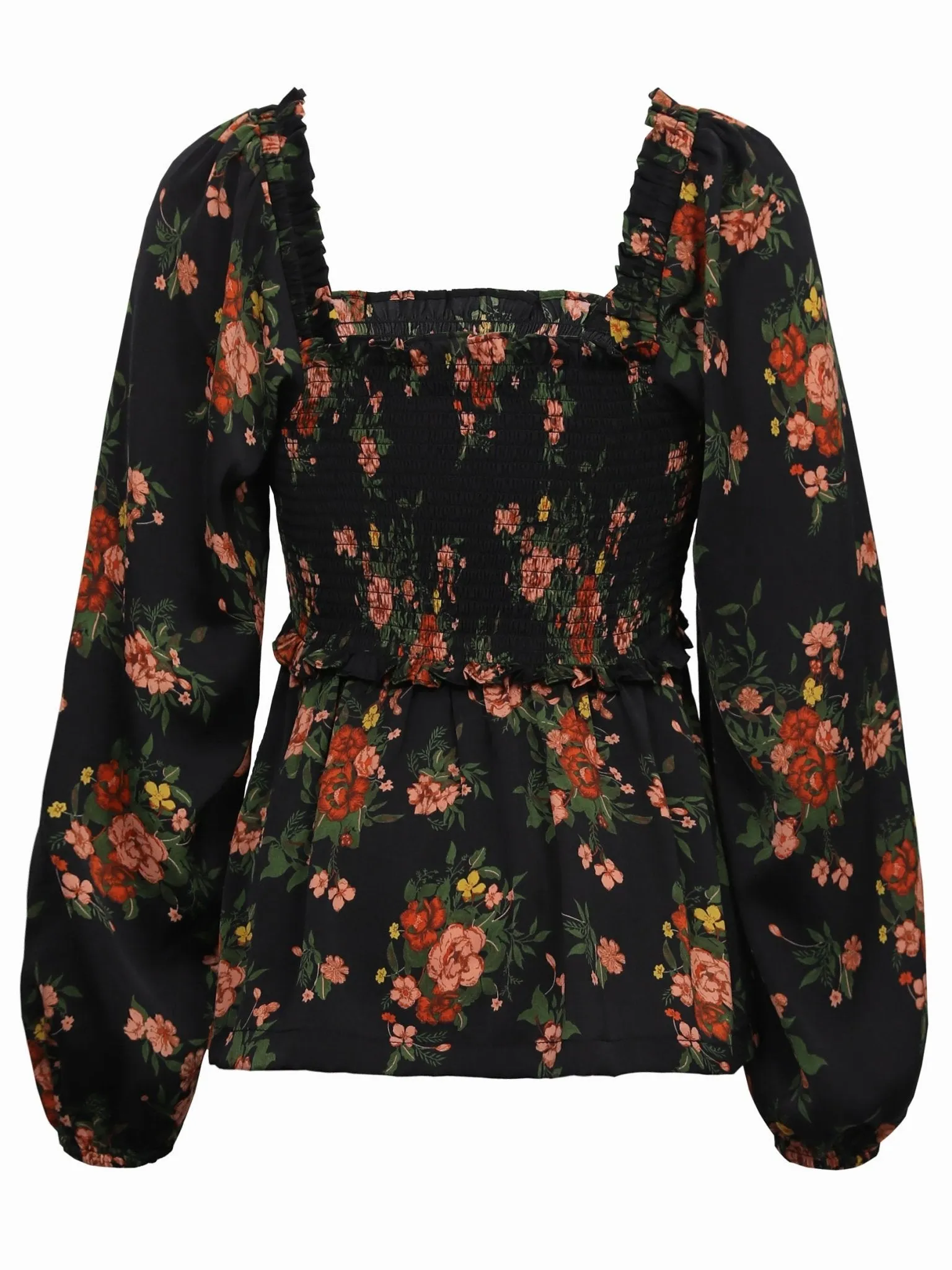 Shirred Rose Bouquet Blouse | Black Multi Print