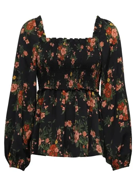 Shirred Rose Bouquet Blouse | Black Multi Print