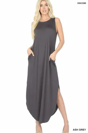 Viscose Sleeveless Maxi Dress Side Slits Pockets