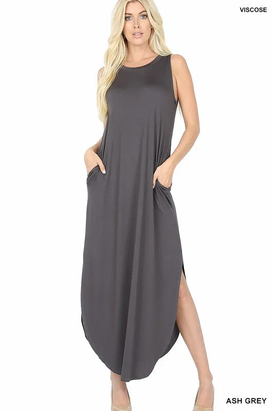 Viscose Sleeveless Maxi Dress Side Slits Pockets
