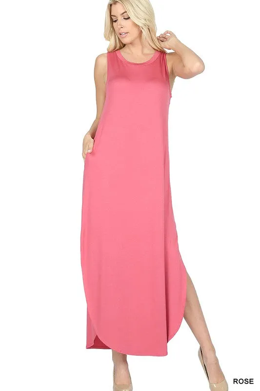 Viscose Sleeveless Maxi Dress Side Slits Pockets