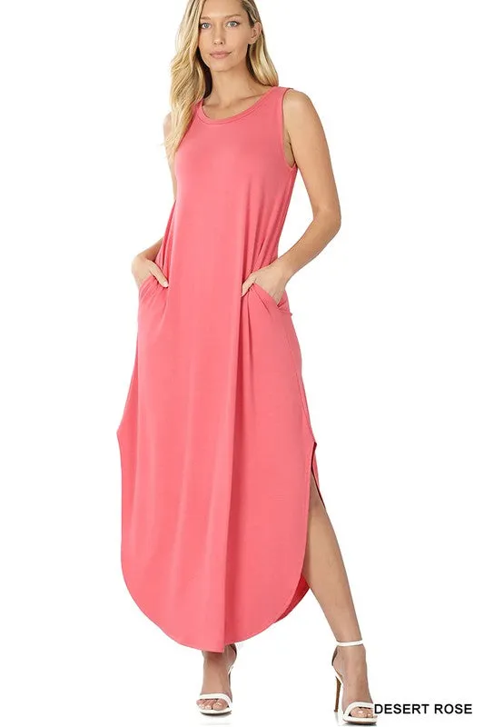 Viscose Sleeveless Maxi Dress Side Slits Pockets