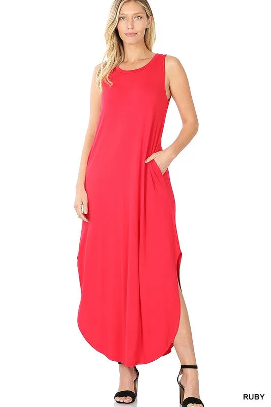 Viscose Sleeveless Maxi Dress Side Slits Pockets