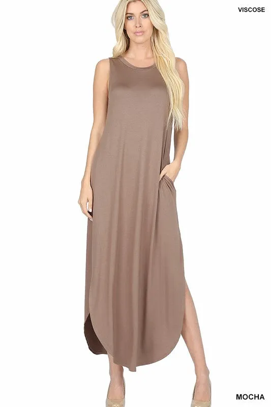 Viscose Sleeveless Maxi Dress Side Slits Pockets
