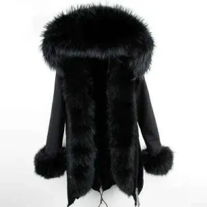 Winter Real Rabbit Fur Coat Women Long Jacket Waterproof Parkas Rex Rabbit Liner Removable Raccoon Fur Collar Hooded Outwear