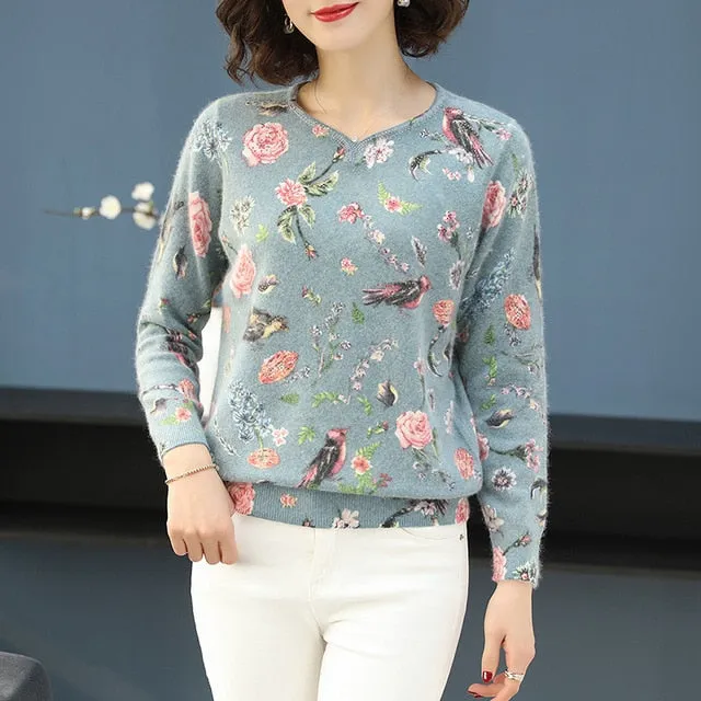 Women 2020  Autumn Winter Sweater Fashion Floral bird pattern Pullover Casual Loose long Sleeves sweater