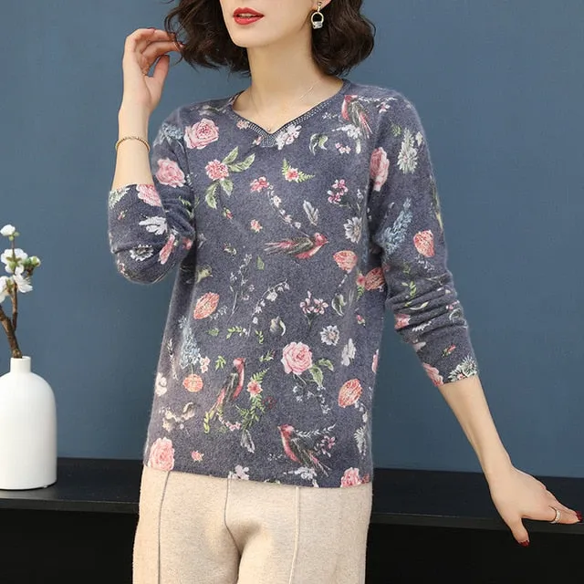 Women 2020  Autumn Winter Sweater Fashion Floral bird pattern Pullover Casual Loose long Sleeves sweater