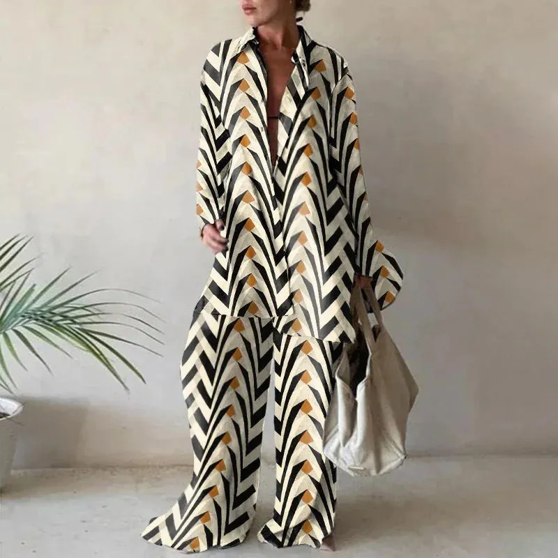 Women Loose Long Shirt   Long Pants 2 piece Set Printed  V-neck Lapel Collar Tops Casual Suits