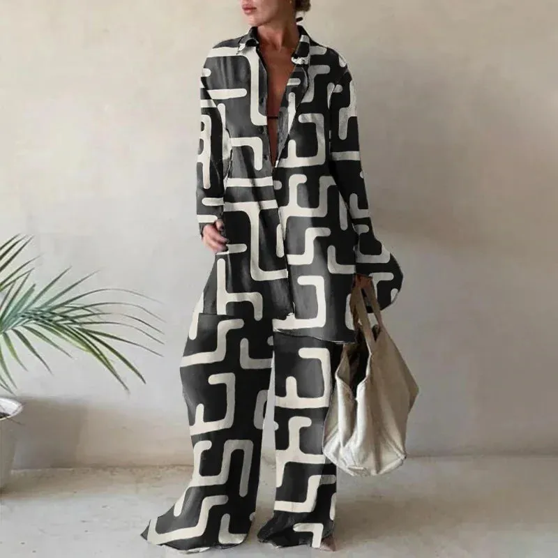 Women Loose Long Shirt   Long Pants 2 piece Set Printed  V-neck Lapel Collar Tops Casual Suits