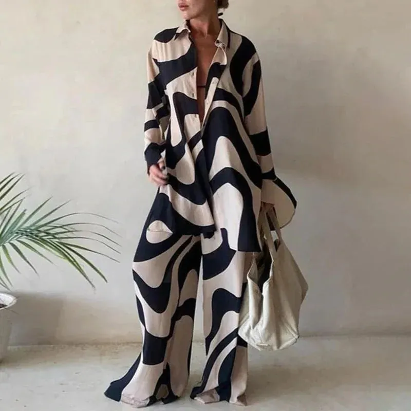 Women Loose Long Shirt   Long Pants 2 piece Set Printed  V-neck Lapel Collar Tops Casual Suits