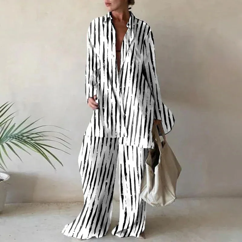 Women Loose Long Shirt   Long Pants 2 piece Set Printed  V-neck Lapel Collar Tops Casual Suits