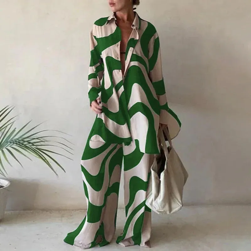 Women Loose Long Shirt   Long Pants 2 piece Set Printed  V-neck Lapel Collar Tops Casual Suits