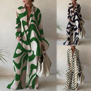 Women Loose Long Shirt   Long Pants 2 piece Set Printed  V-neck Lapel Collar Tops Casual Suits