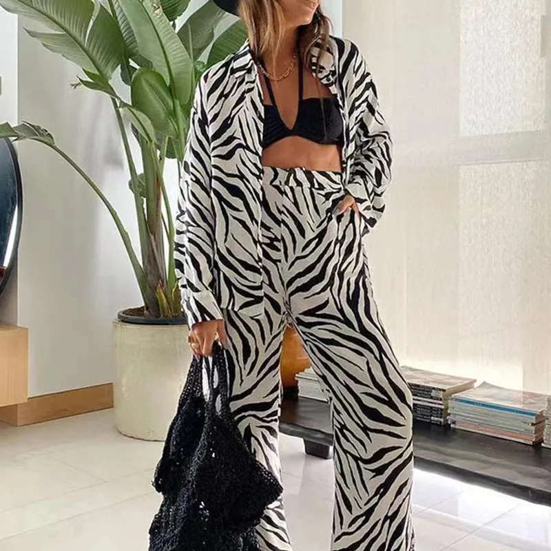 Women Loose Long Shirt   Long Pants 2 piece Set Printed  V-neck Lapel Collar Tops Casual Suits