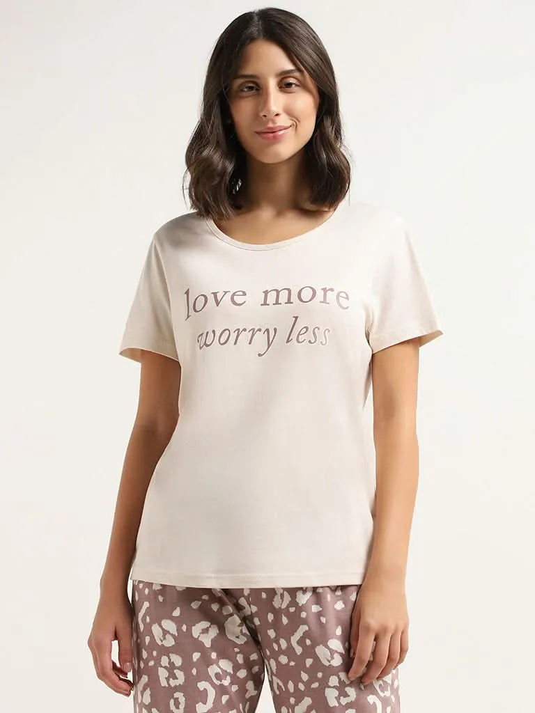 Wunderlove Cream Contrast Printed Cotton T-Shirt