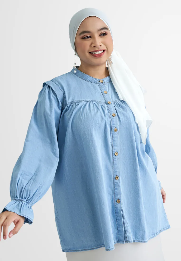 Yuridia Dolly Frill Sleeves Denim Blouse