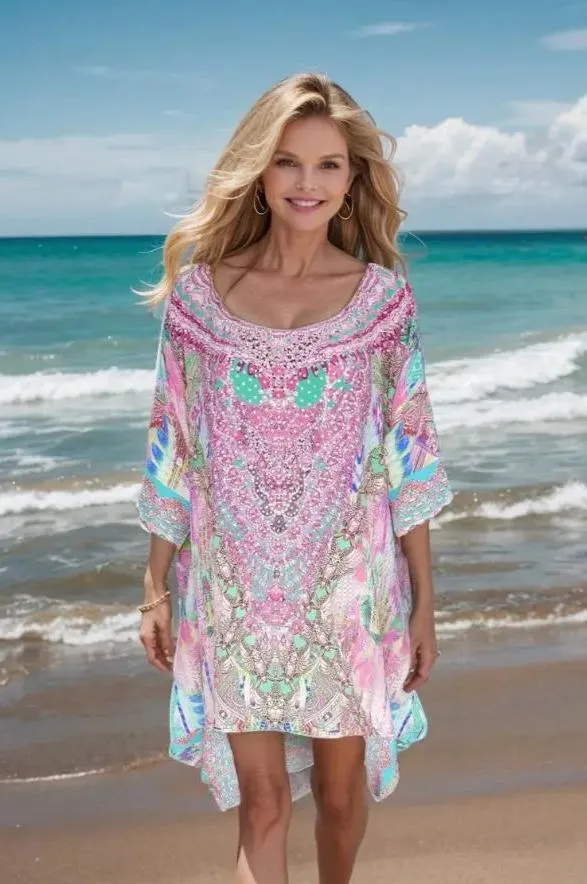 Zahara Batwing Silk Embellished Hi-low Kaftan/Top