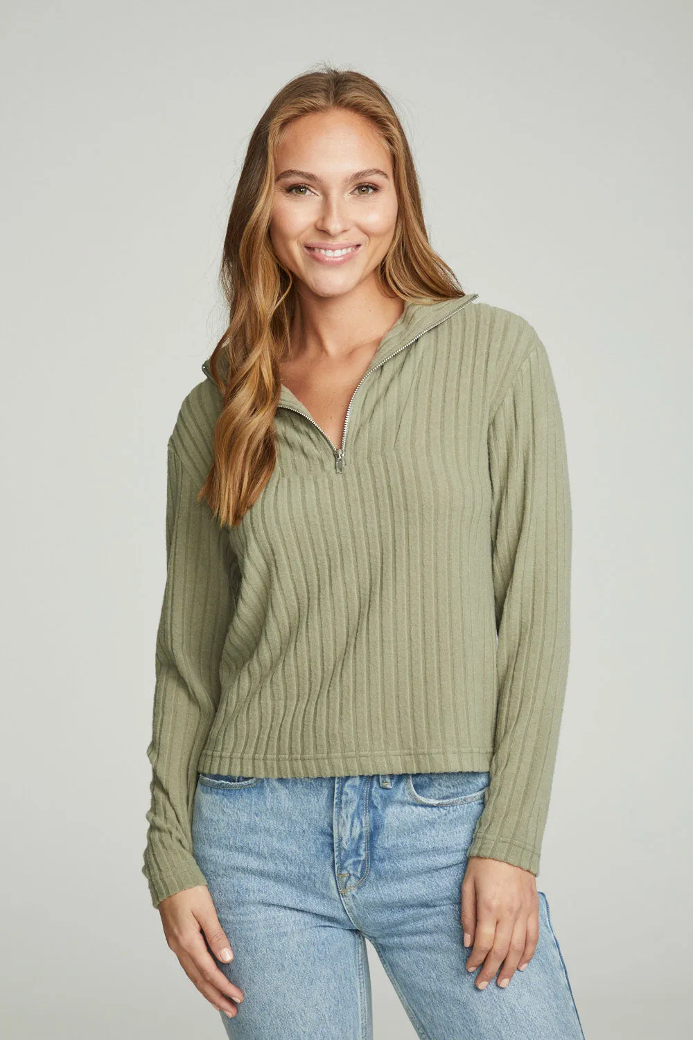 Zip Up Mock Neck Long Sleeve Pullover