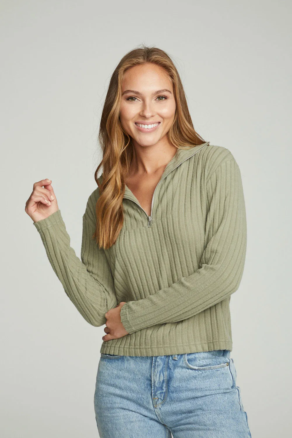Zip Up Mock Neck Long Sleeve Pullover